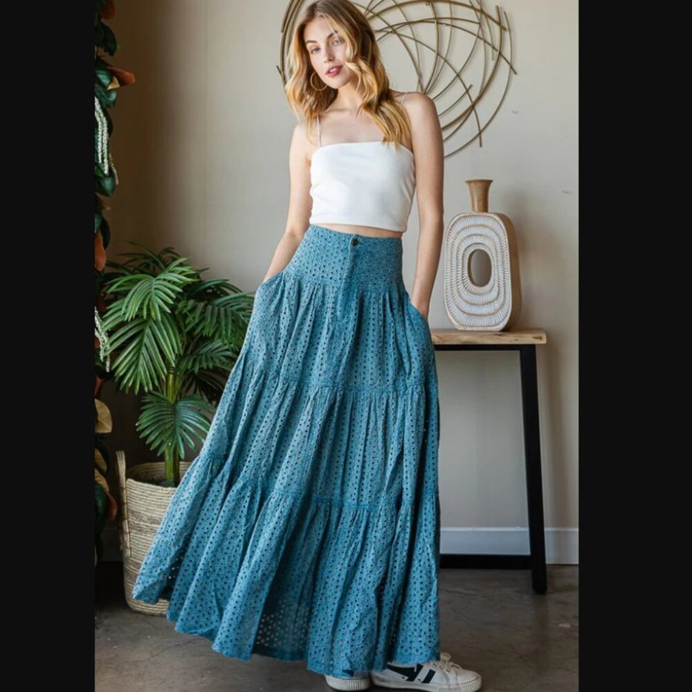 H1069 OLI & HALI Mineral Wash Blue Eyelet Tiered Maxi Skirt